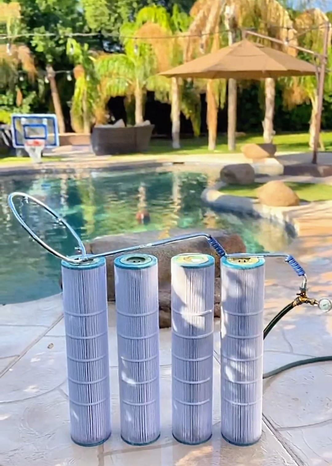 Halo360 resting on cartridge filters in a backyard
